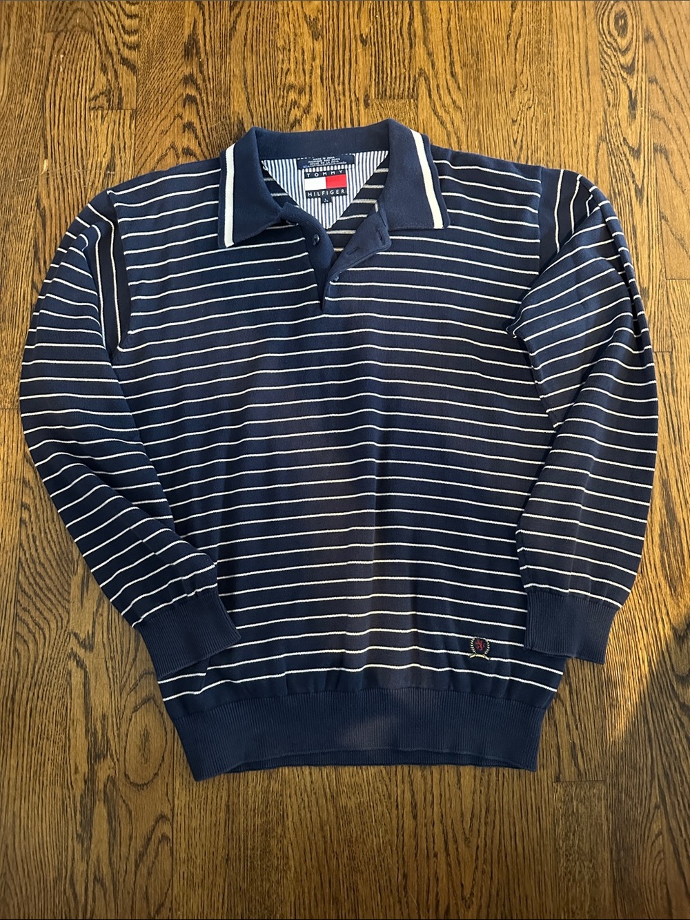 Tommy Hilfiger Navy and White Striped Polo Sweater